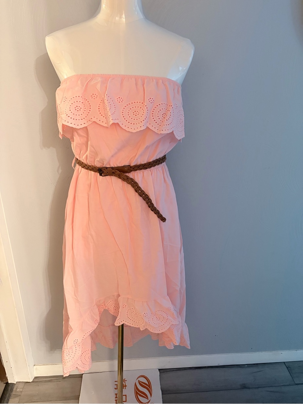 Rue21 Pink Strapless Eyelet High-Low Dress with Braided Belt